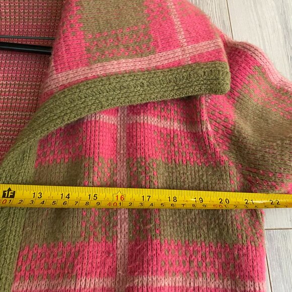 Vintage Pink Beige Plaid Wool Open Collared Pockets Cardigan Sweater - S - Picture 3 of 4
